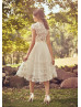 Cap Sleeve Ivory Lace Tulle Knee Length Wedding Dress